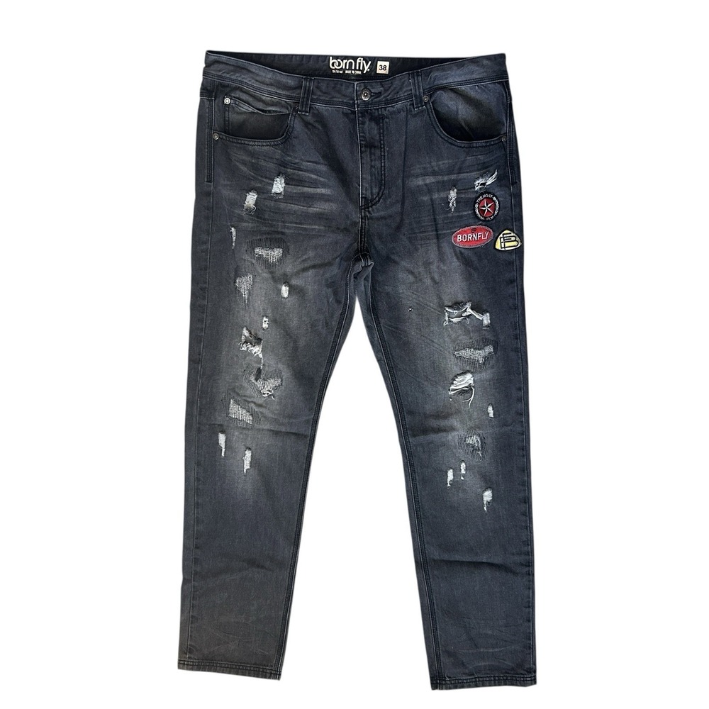 BORN FLY Distressed Patch Jeans Men Size 38 Dark Wash Streetwear Denim Hip Hop
